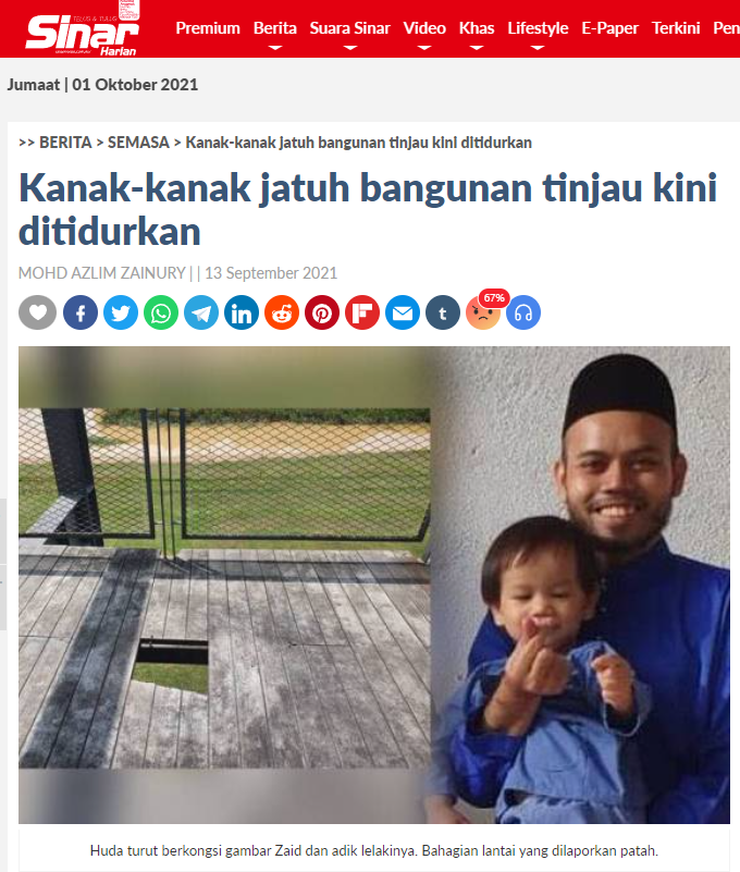 Kanak-kanak berusia 22 bulan iaitu Zaid Harith terjatuh dari bangunan tinjau di Taman Rekreasi Wetland Setia Alam
